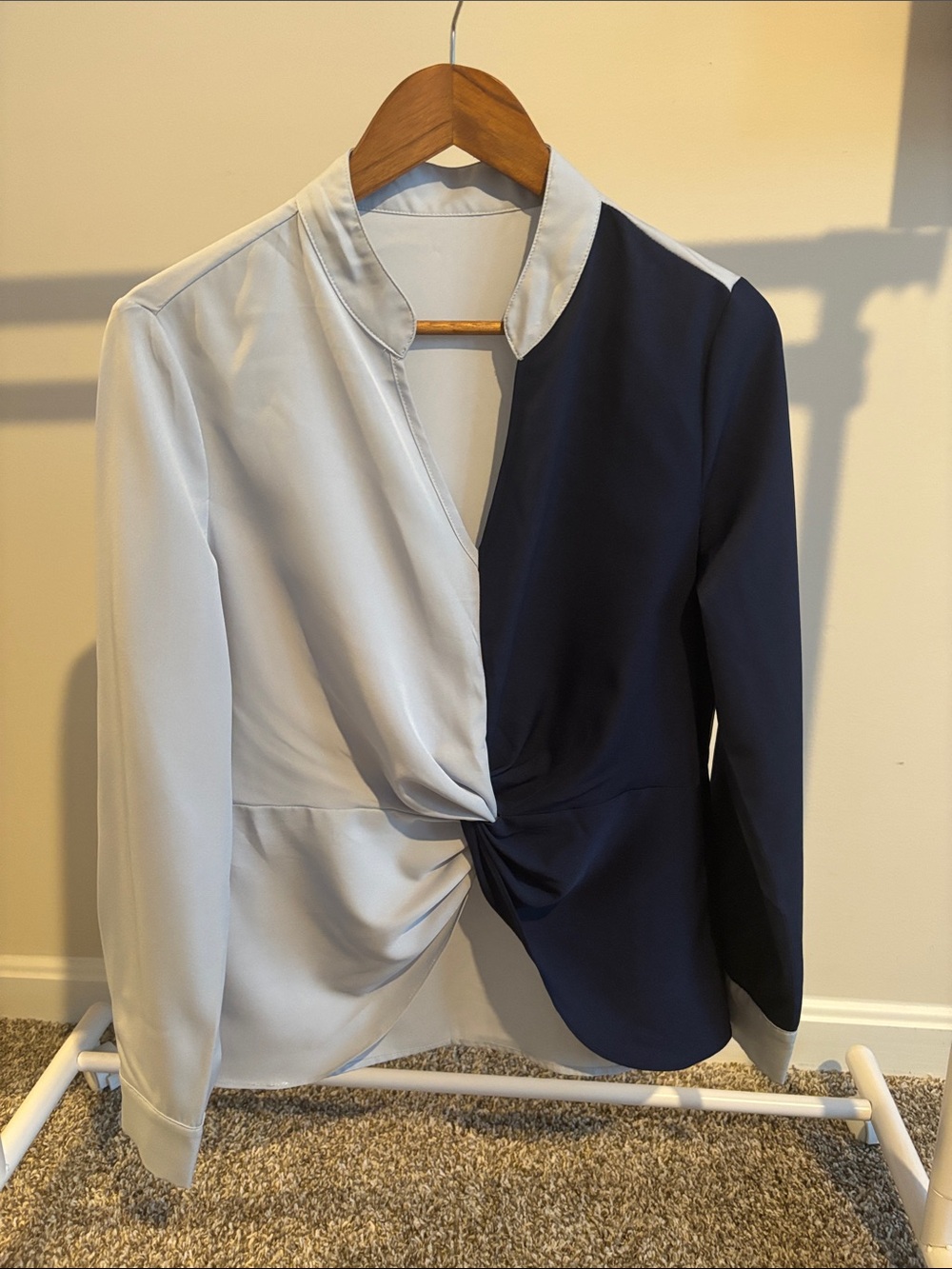 SHEIN Navy and Light Gray Colorblock Twist Front Top
